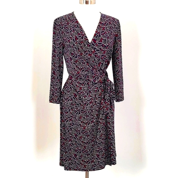 Anne Klein Dress Midi Floral Stretch Faux Wrap Tie Belt V-Neck 3/4 Sleeve Size M - Picture 2 of 10